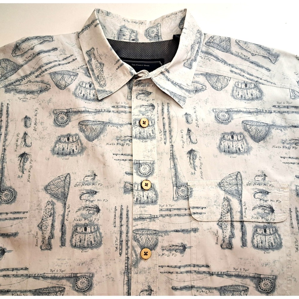 North River Vented Shirt Mens XL Trout Fly Fishing AOP Button Short Sleeve Ivory